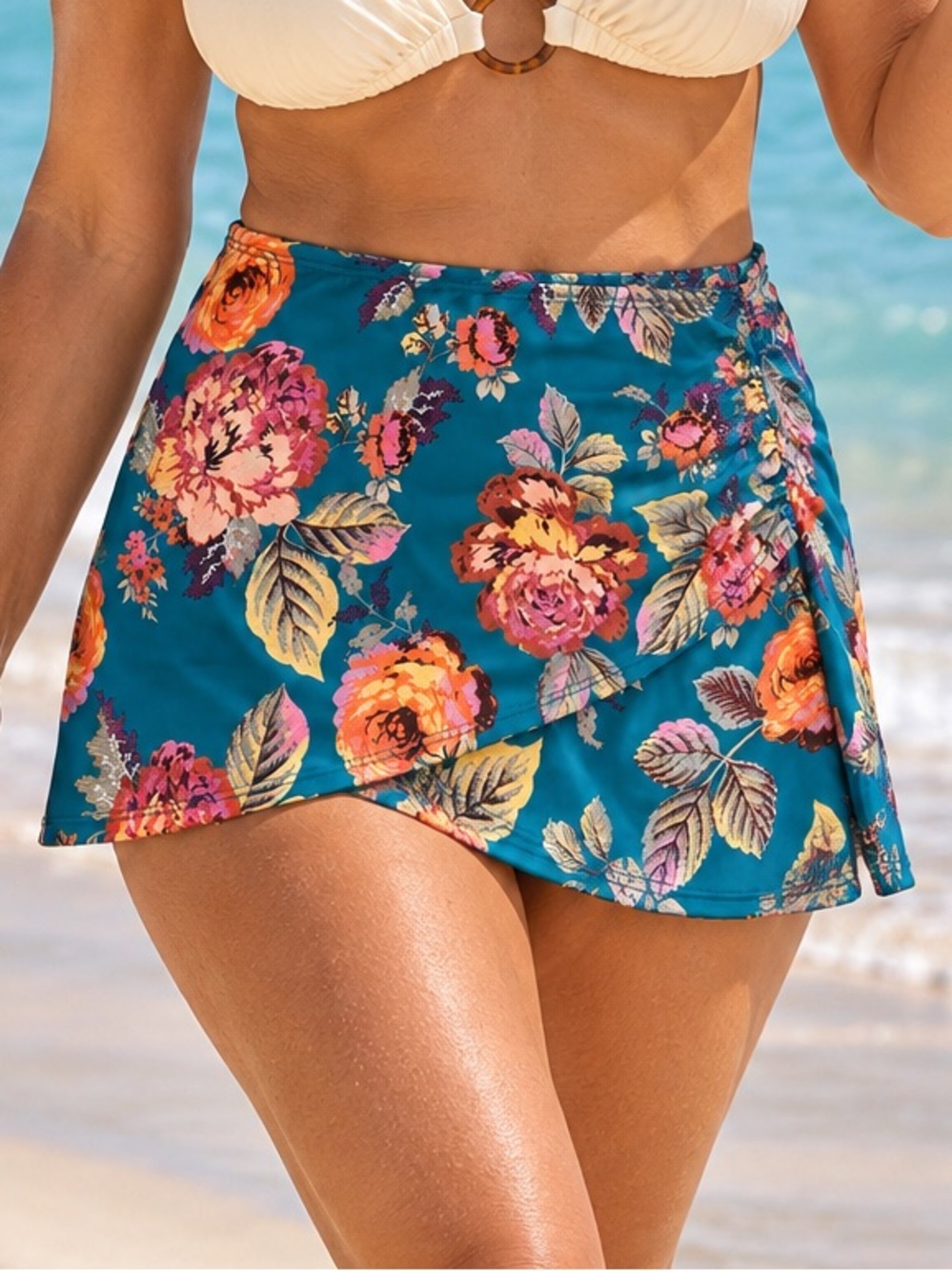 Jantzen Floral Swim Skirt Size 10 Teal High Low Wrap Style NWT